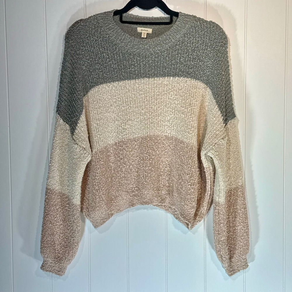 Debut Women Colorblock Popcorn Knit Sweater Grey Cream Tan Oversized Medium
